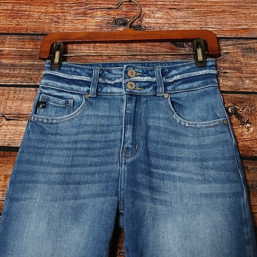 Kancan Jeans 25 Boot Cut High Rise Double Button Frayed Hem Blue Denim Stretch - Picture 4 of 8